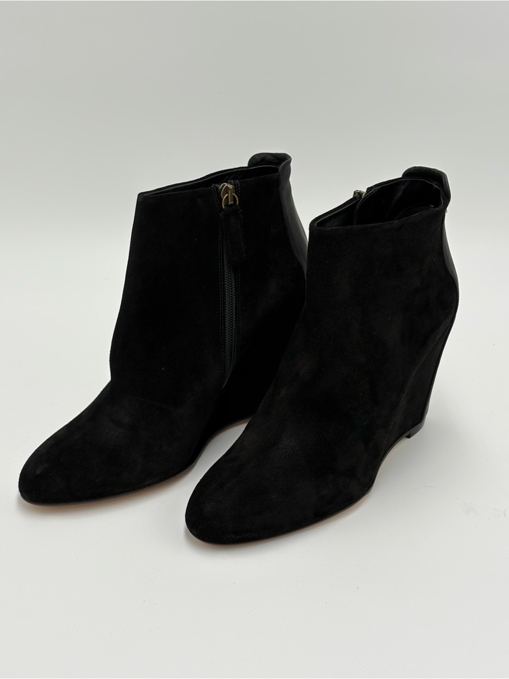 Delman Black Suede Wedge Ankle Boots